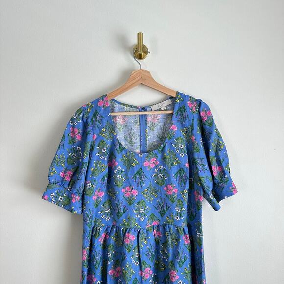 Loft Floral Print Scoop Neck Puff Sleeve Mini Dress Blue 6 - Picture 5 of 10